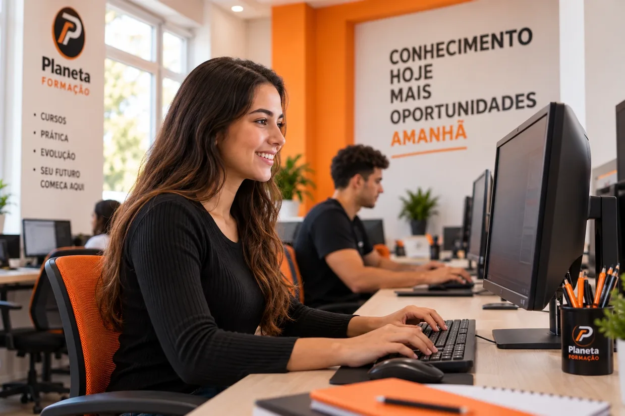Aluna em aula de informática no laboratório da Planeta Formação