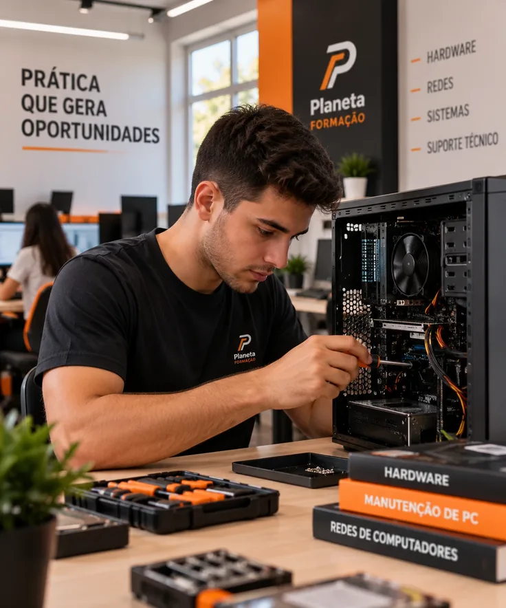 Aluno montando um computador na bancada do laboratório de hardware